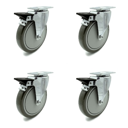 Service Caster 6 Inch Gray Polyurethane Wheel Swivel Top Plate Caster Set with Brake SCC SCC-20S614-PPUB-PLB-4